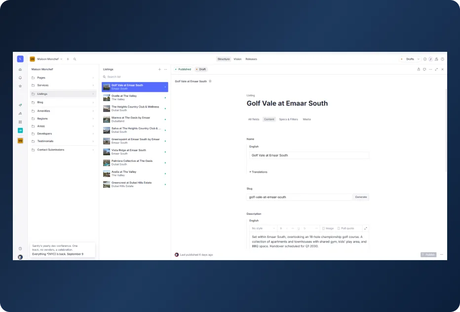 Maison Monchef Sanity CMS localized content editing